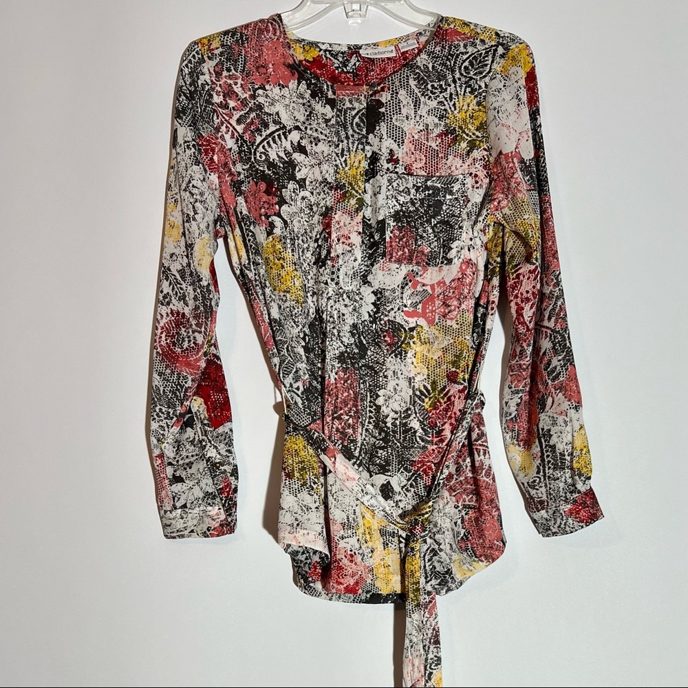 EUC! Vintage Colorful Floral Pattern Liz Claiborne Dress Shirt Blouse Belted